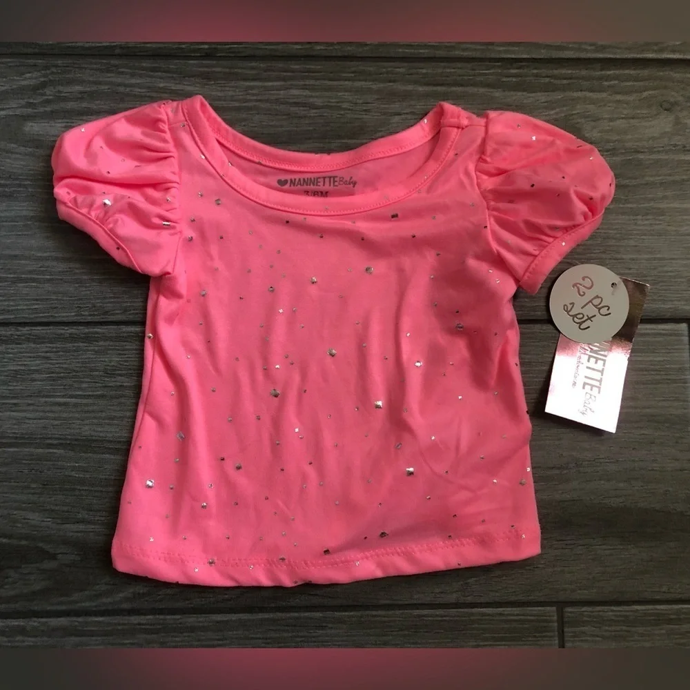 Nanette Baby|baby girl neon pink short sleeve top with silver polka dot•••NWY
